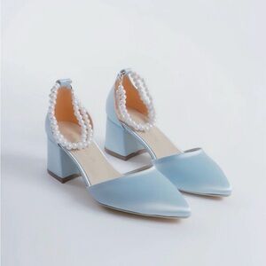 Lara | Baby Blue Satin Mid Heels with Pearls